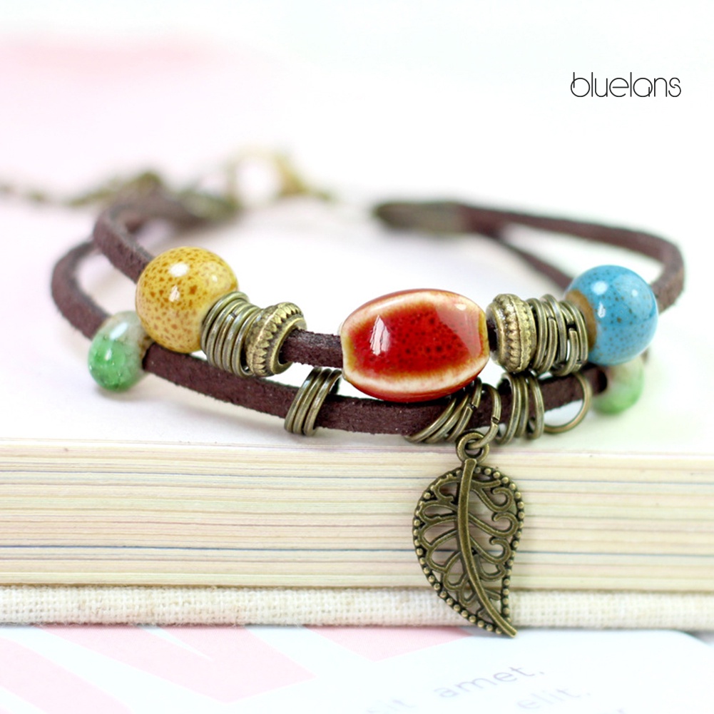Vòng Tay Da Hai Lớp Đính Hạt Gốm Và Lá Phong Cách Bohemian