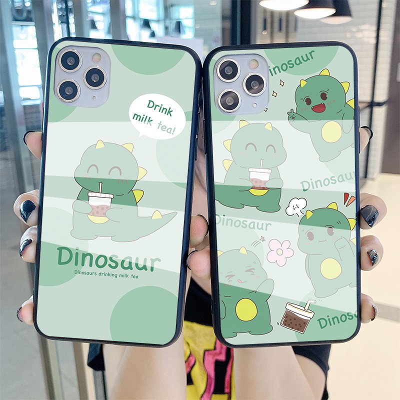 Ốp lưng OPPO A12 A12E A52 A72 A92 A9 A5 2020 Case Green Cartoon Dinosaur Tempered Glass Cover Ốp OPPO A31 A5S A7S F11 Pro f7 F9 F1s A83 Protection Phone casing Bao da