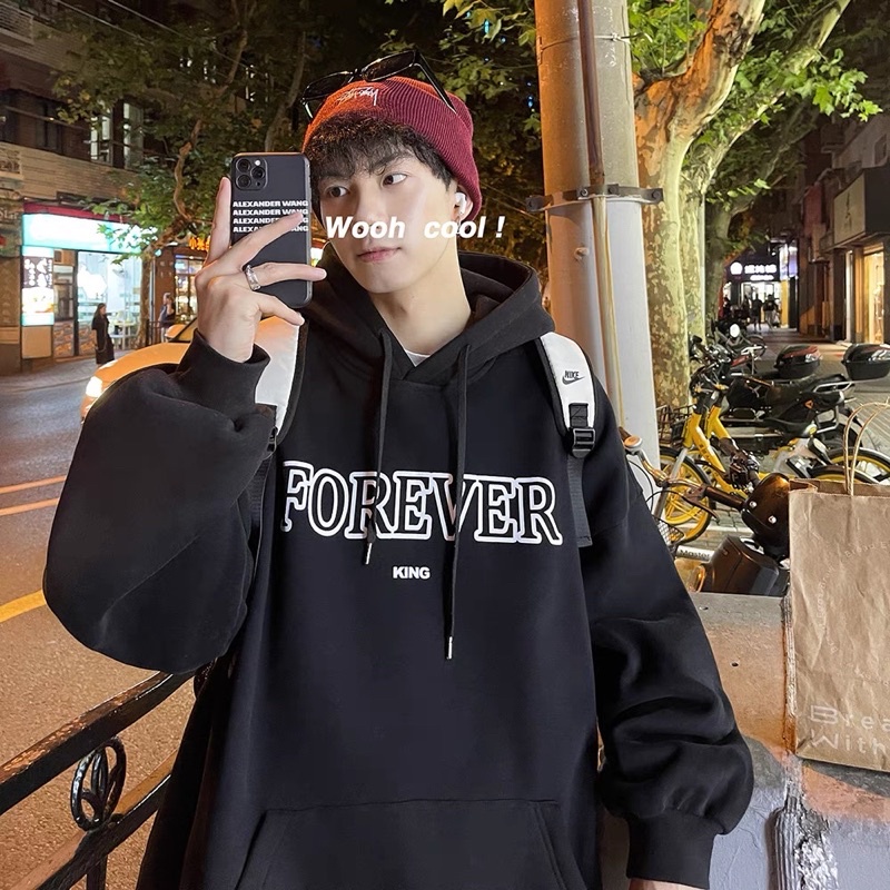 Áo Hoodie Unisex Nỉ Bông FOREVER Xám Khói Tay Dài Túi Bụng