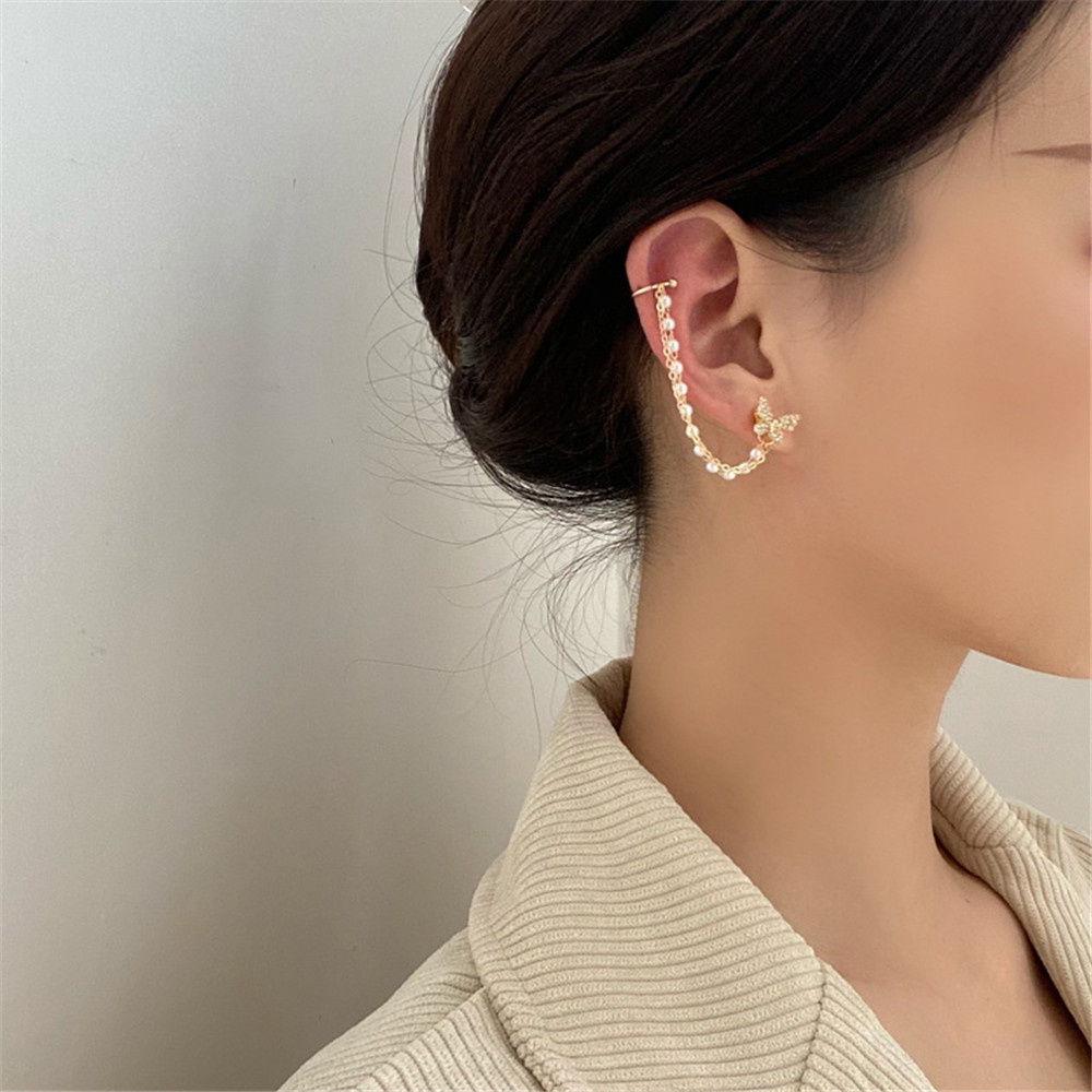 Bông tai dáng dài hình bướm đính đá và ngọc trai nhân tạo thời trang