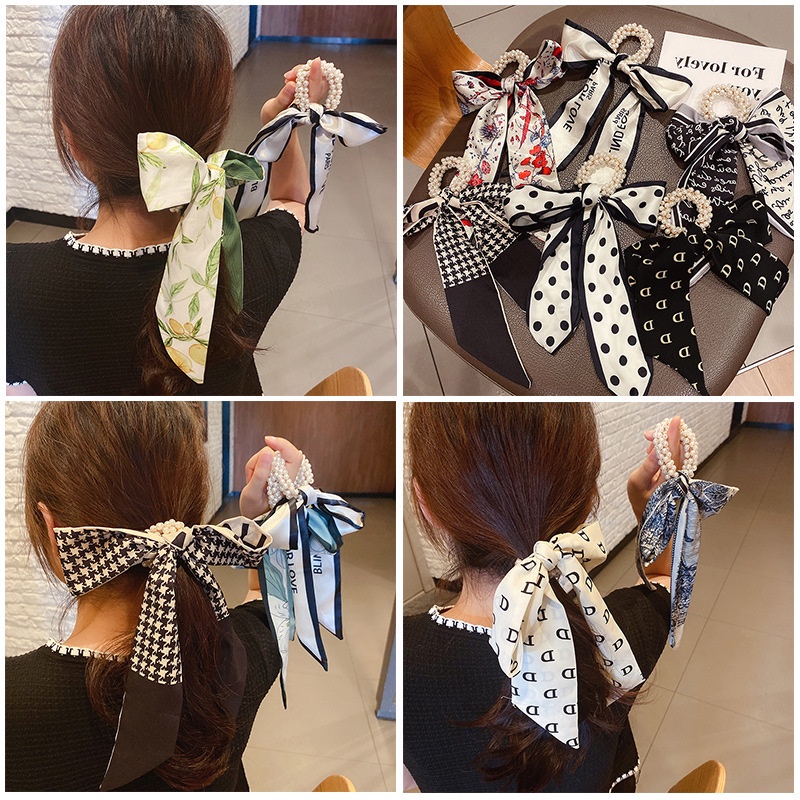 Dây buộc tóc ruy băng đính ngọc trai giả thời trang 2021 ins