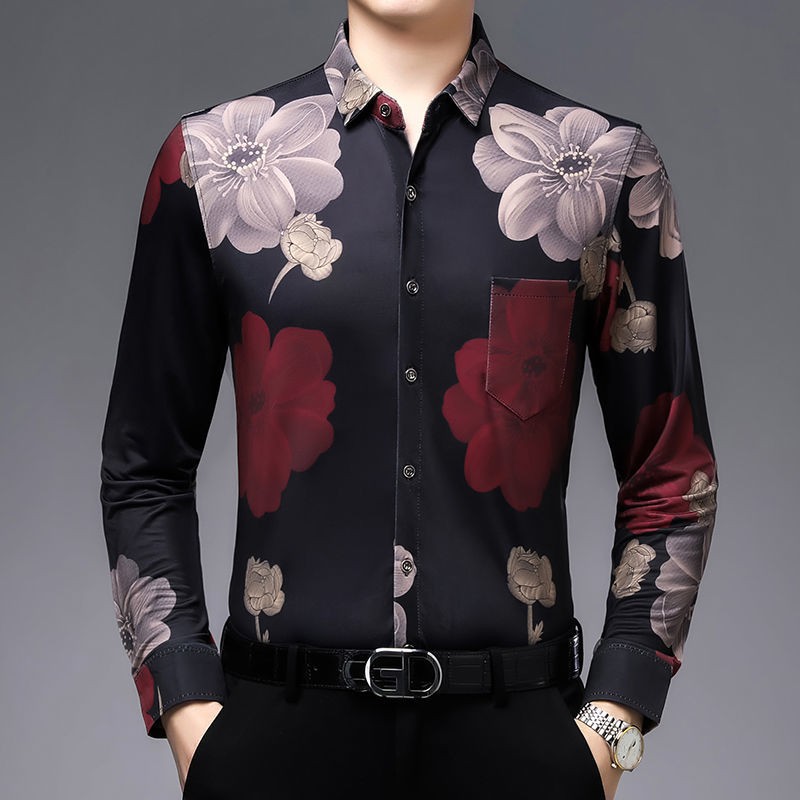 【Non-iron shirt】Men Formal Button Smart Casual Plus Size Long Sleeve Slim Fit New men's long sleeve floral shirt thin middle-aged and elderly business loose large no iron printed shirt fashionable men's floral