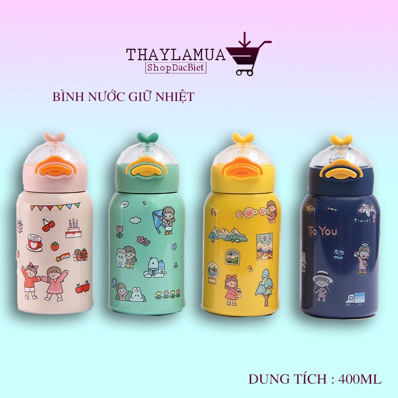 Bình nước giữ nhiệt  400ml điểm nhấn trang trí vịt cute tặng kèm ống hút  (BV04)