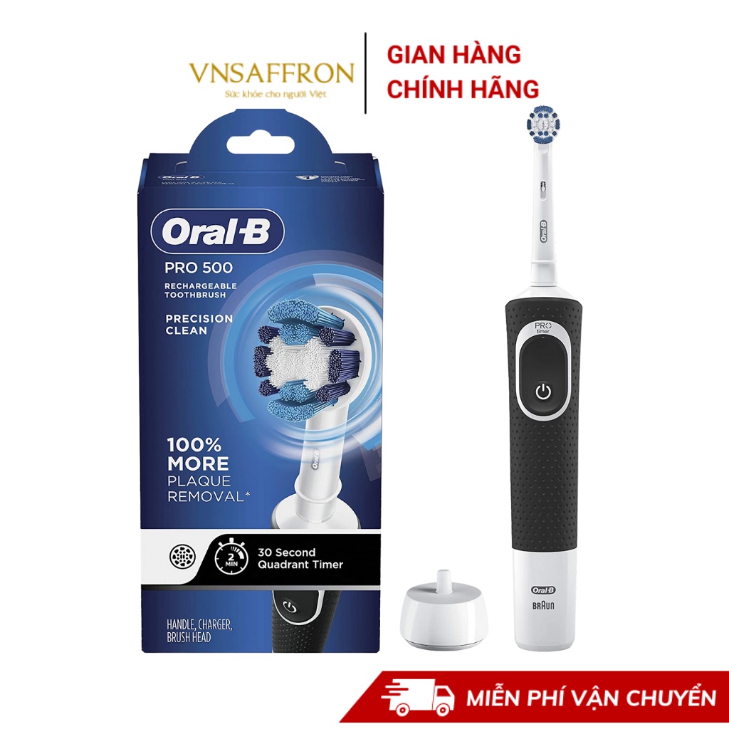 Bàn chải điện đánh răng tự động Oral B Pro 500 đen làm sạch răng, hạn chế viêm nướu