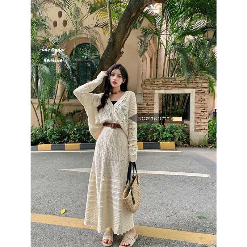 Áo Khoác Cardigan Dệt Kim + Chân Váy Lưng Cao Thời Trang Mùa Thu Cho Nữ