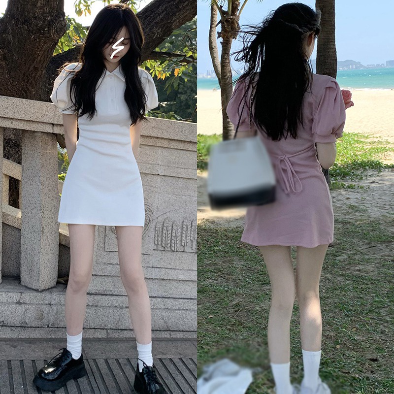 Đầm Tay Ngắn Màu Trơn Dáng Ôm Thời Trang Mùa Hè Hàn Quốc Cho Nữ