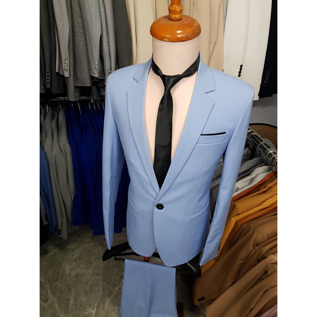 Bộ vest nam form ôm body màu xanh nhạt tặng kèm cà vạt nơ đen