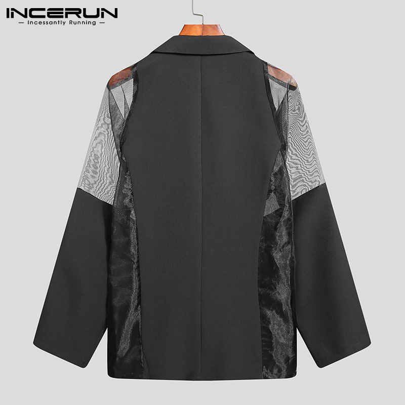 Áo sơ mi lưới INCERUN xuyên thấu dài tay phối màu với nút cài cho nam