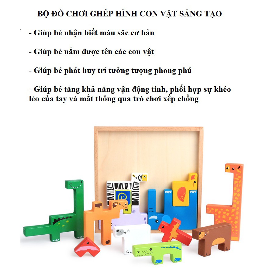 Đồ Chơi Ghép Hình Con Vật Sáng Tạo, Tangram Xếp Chồng Con Vật Bằng Gỗ Cho Bé Học Màu Sắc, Rèn Vận Tập trung