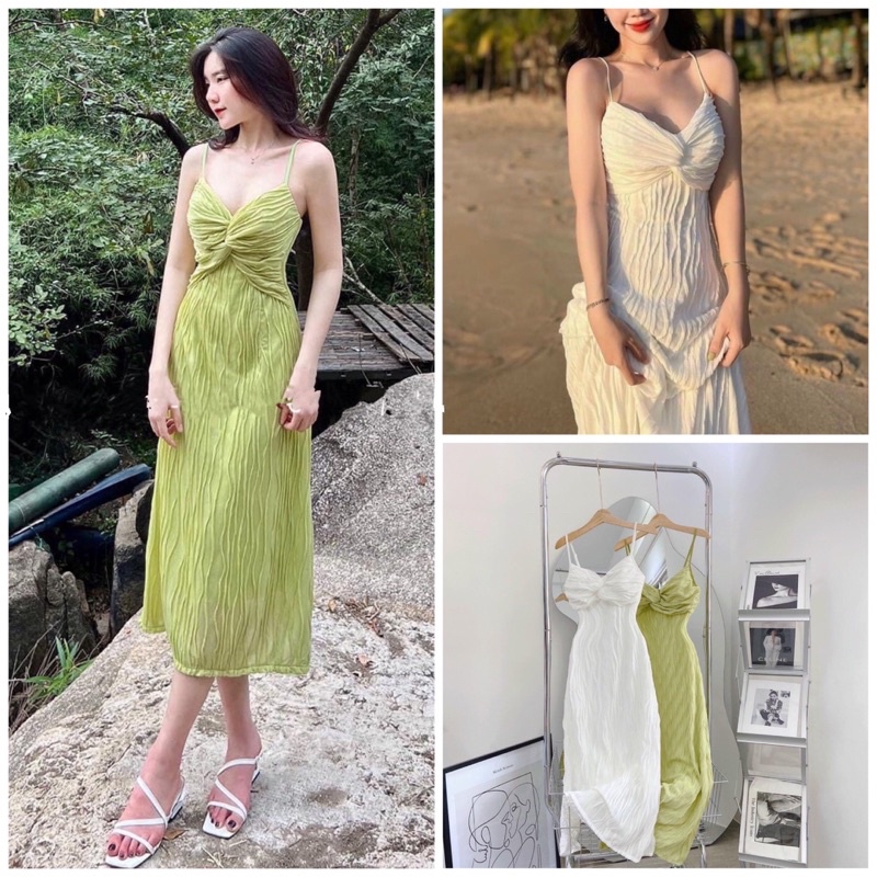 Đầm midi 2 dây xoắn ngực vải dệt li sóng màu trắng/xanh lá đi biển du lịch NÀNG CLOSET