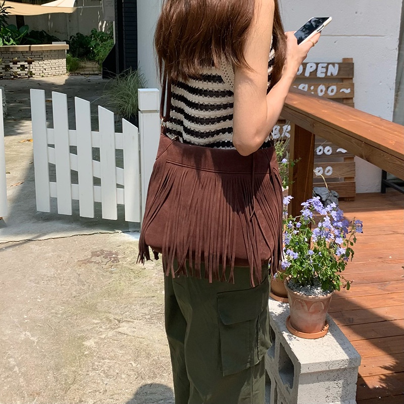 Túi Xách Da Lộn Phối Tua Rua Phong Cách Bohemian Mỹ 2023 Mới Cho Nữ