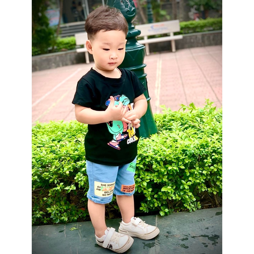 Set bộ áo thun quần jean cho bé trai phong cách Hàn Quốc, Size 9-23kg, áo khủng long, co giãn 4 chiều Hongvybaby ]