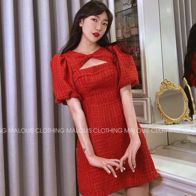 Váy len dạ đỏ tay bồng nơ chéo ngực dáng suông, chất cao cấp - M121