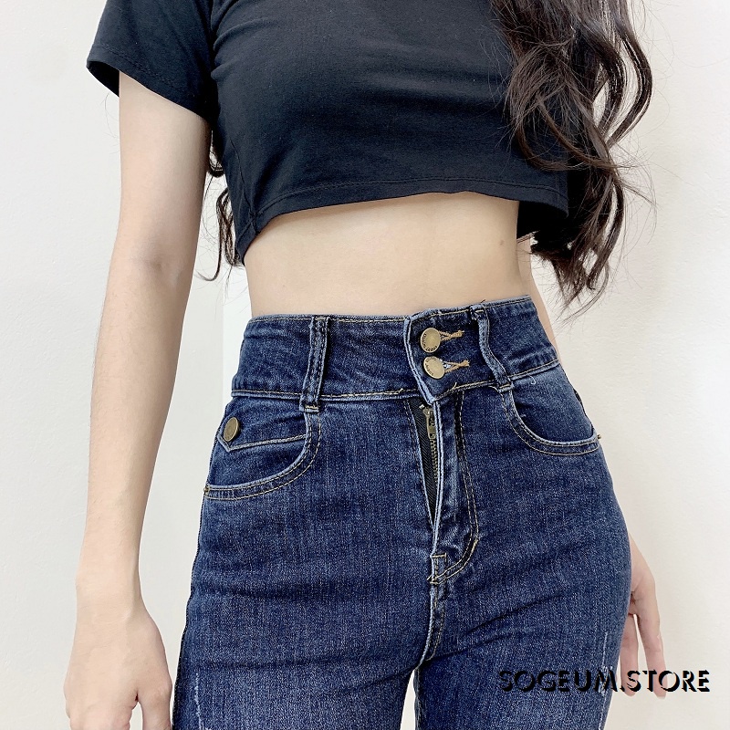 Quần Jean co giãn xước đùi lưng cao màu xanh đậm, quần bò nữ ôm dáng 9011 sogeum.store