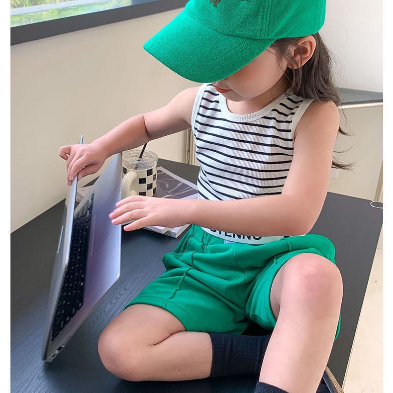 Set Áo Thun Ngắn Tay Và Quần Short Họa Tiết Kẻ Sọc Phong Cách Hàn Quốc Thời Trang Mùa Hè Cho Bé Gái