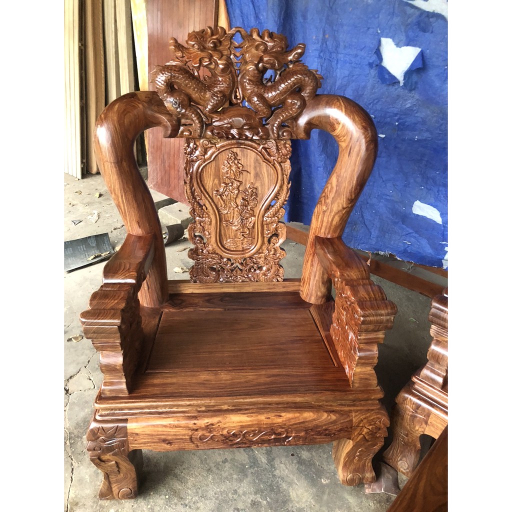 Bộ bàn ghế gỗ rồng bát tiên - Gỗ Hương Vân ( Tay 12 / 6 món )
