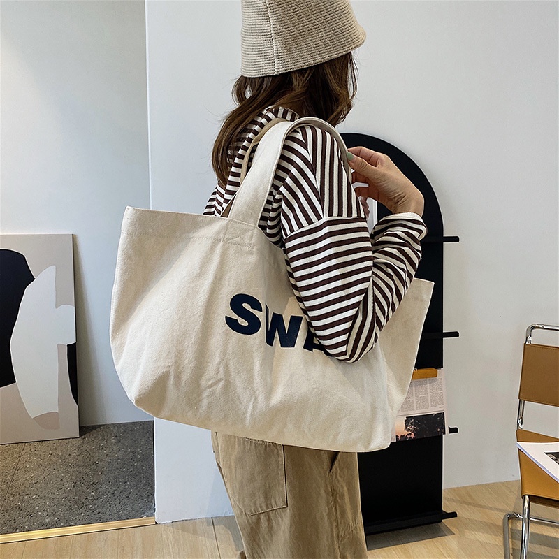 Túi xách IELGY bằng vải canvas cỡ lớn in chữ phong cách thời trang Hàn Quốc
