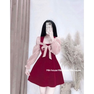Váy nhung tay bồng buộc nơ ngực