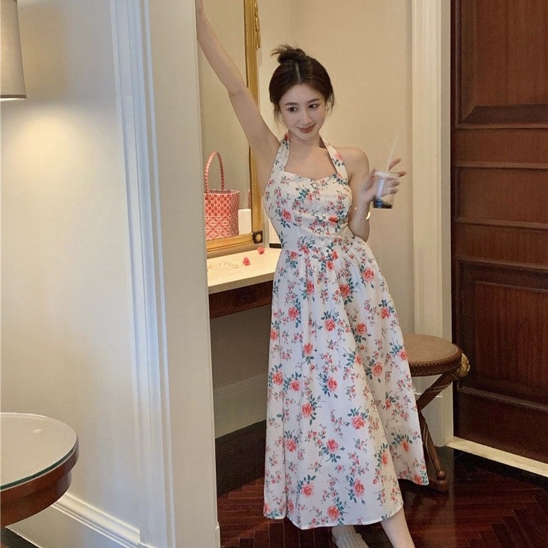 Đầm Dài Cổ Yếm In Hoa Kiểu Pháp Thời Trang Mùa Hè Quyến Rũ Cho Nữ