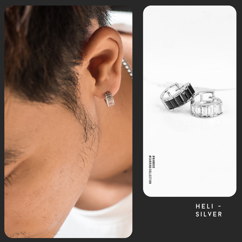 Khuyên tai bạc nam, nữ HeliSilver Bambo - Đá Trắng KTB093