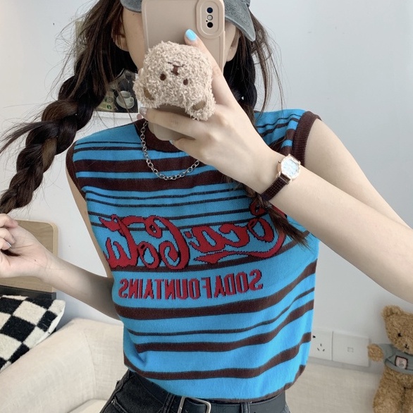 Áo kiểu ZHELIHANGFEI dệt kim sát nách thiết kế hở eo phong cách Mỹ trẻ trung thời trang