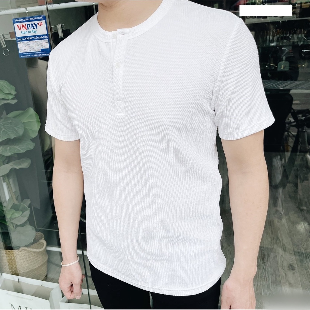 Áo Thun Nam Henley Áo Thun Cotton Vải Tổ Ong Cổ Trụ A25