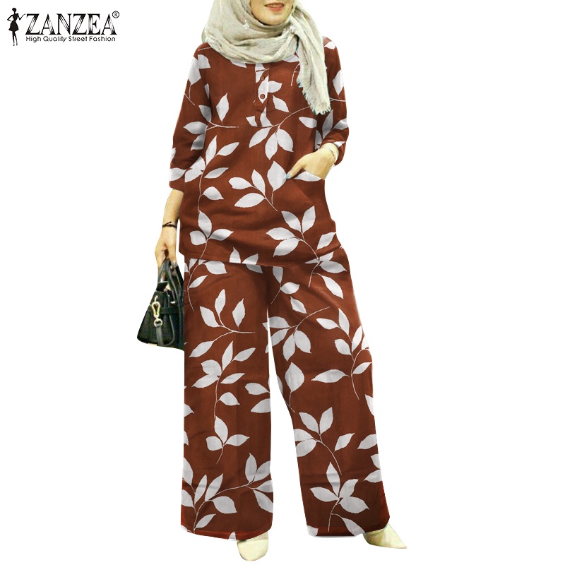 Set đồ 2 món Zanzea gồm áo tay 3/4 + quần dài họa tiết hoa phong cách bohemian thời trang cho nữ