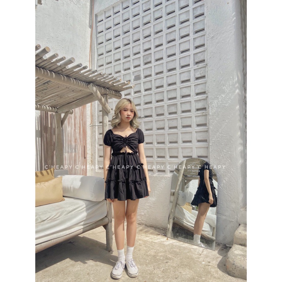 Đầm babydoll tiểu thư, váy nữ sang chảnh rút dây khoét eo ullzang _Rosyhana