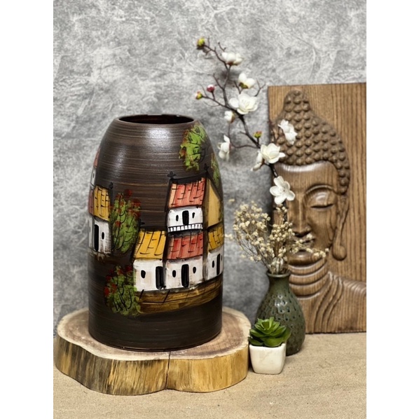 Bình hoa gốm dáng chuông men mộc vẽ tay- Gốm sứ Bát Tràng.