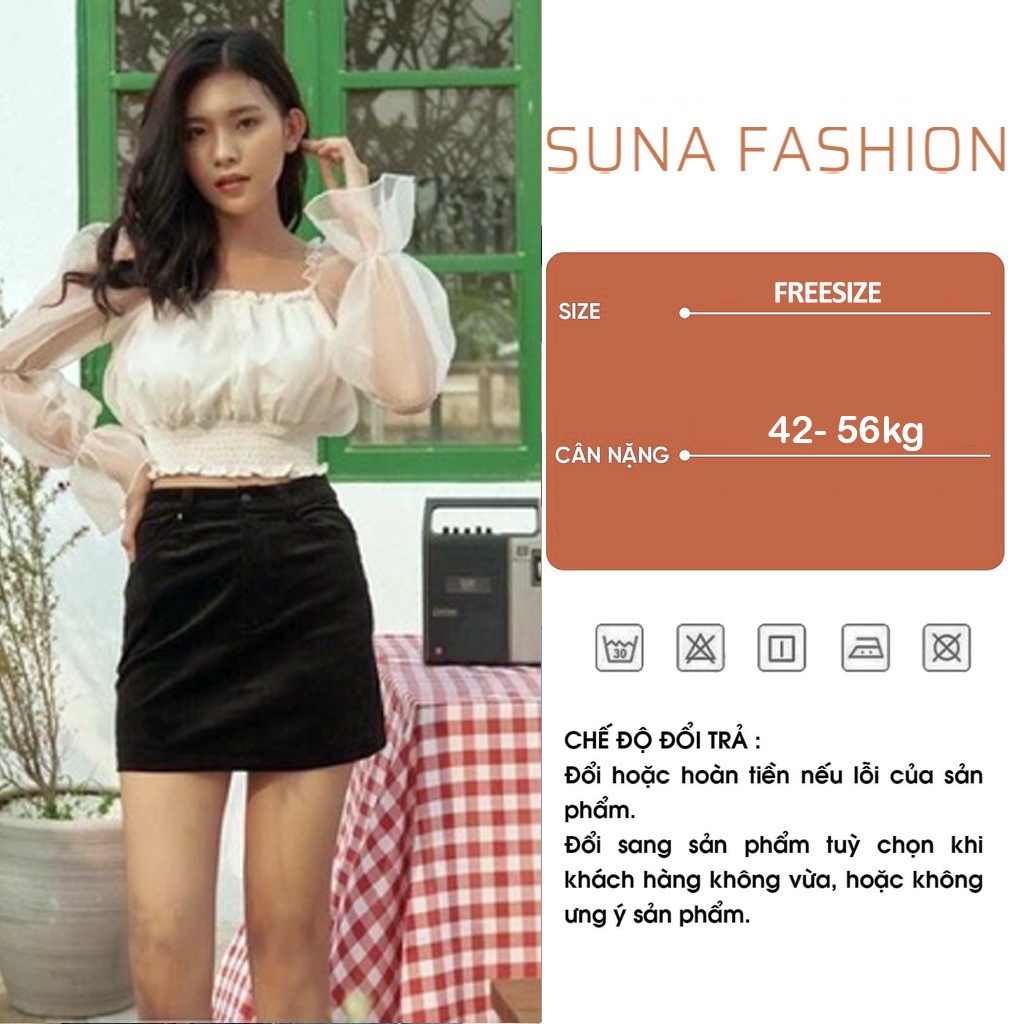 Áo croptop nữ tay dài bẹt vai, Áo croptop dài tay phồng chất polyester SUNA FASHION CT07