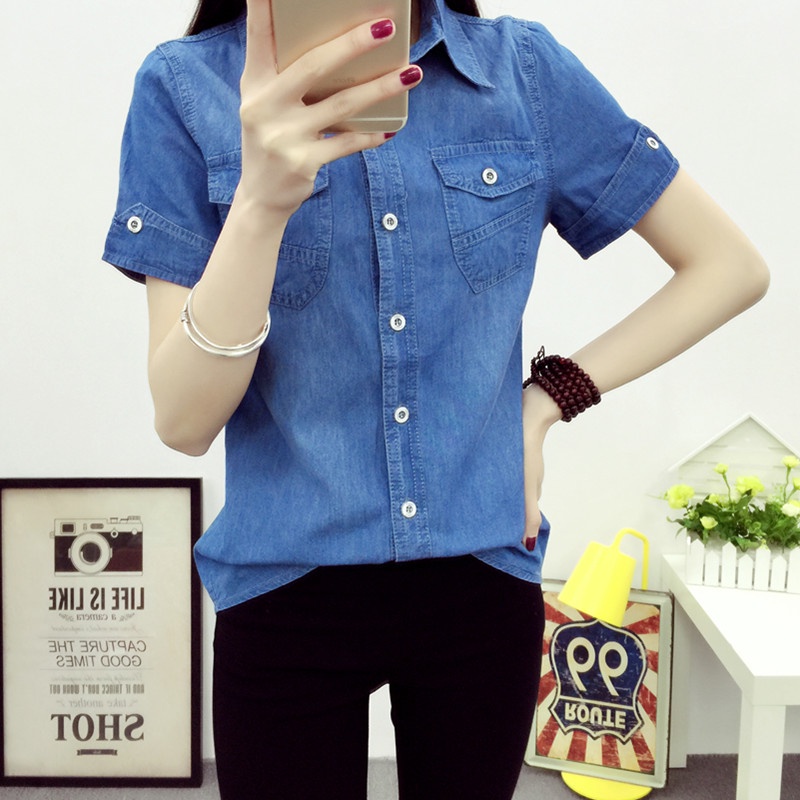 Áo Sơ Mi Denim Tay Ngắn Dáng Ôm Phong Cách Hàn Quốc Thời Trang Cho Nữ