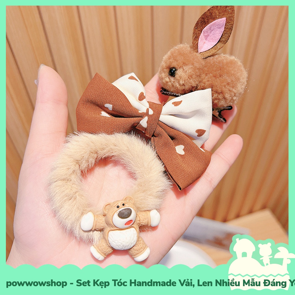 [Sẵn VN - Hỏa Tốc] Set Kẹp Tóc Handmade Vải, Len Nhiều Mẫu Đáng Yêu Hoạt Hình Warn White &amp; Brown