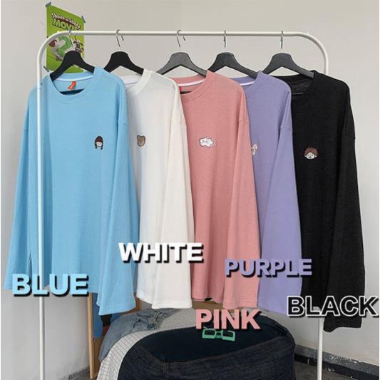 Áo thun tay dài cổ tròn thêu họa tiết hoạt hình phong cách Hàn Quốc cho nữ