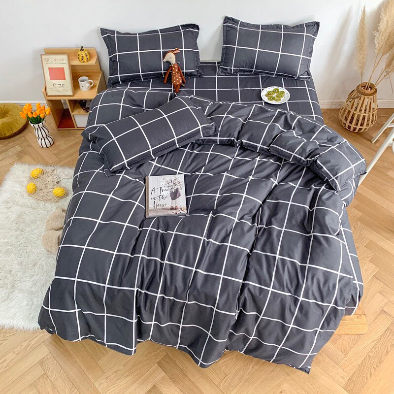 Bộ chăn ga gối Cotton poly M2T bedding, vỏ chăn mền, drap ga giường và 2 vỏ gối - Pl kẻ ô vuông