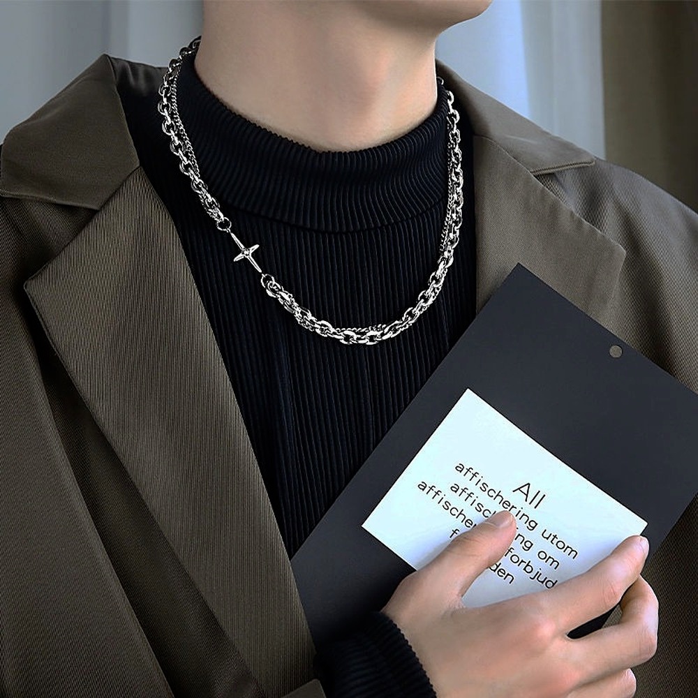 Vòng cổ Thép Titan Dày Hai Lớp Mặt Hình Học Phong Cách Hip Hop Hàn Quốc Thời Trang