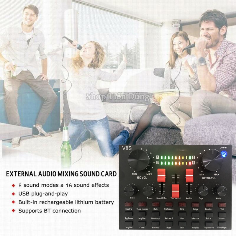 Sound card V8S bản nâng cấp sound card V8 Hỗ Trợ Bluetooth, 16 Hiệu Ứng, 8 Chế Độ, Chỉnh Bass Treble Record Tích Hợp Pin