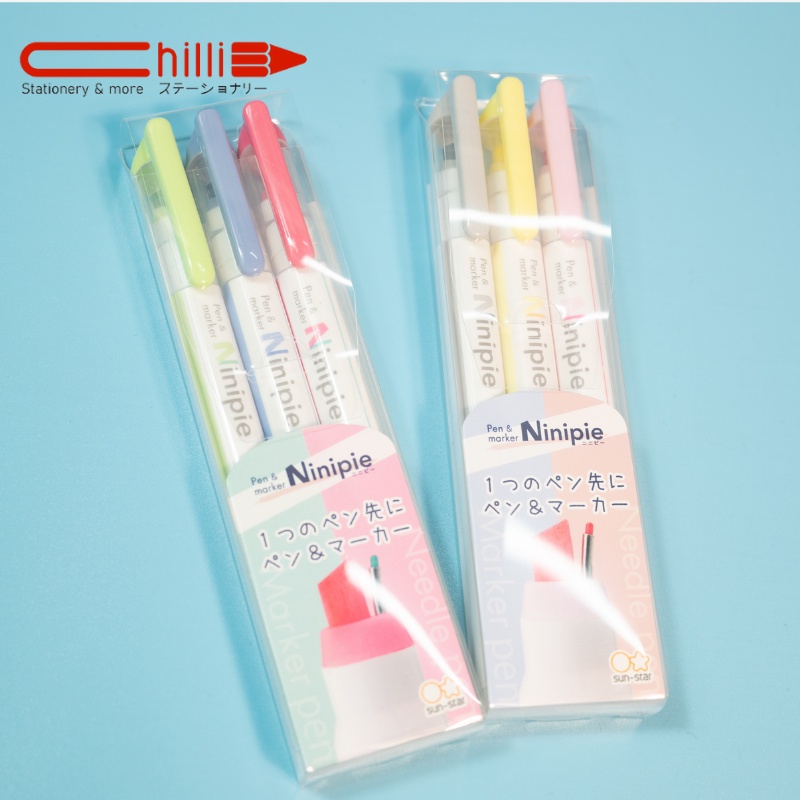 Set Bút Ninipie 2 Ngòi Bút Viết + Bút Đánh Dấu Highlight 2 Màu Pastel Siêu Xinh Combo 3,6