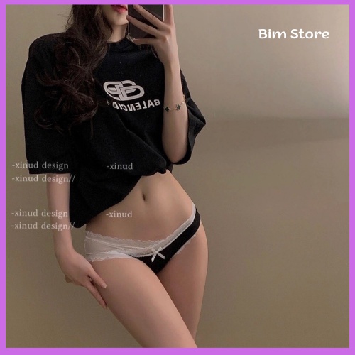 Quần lót nữ dáng lệch chéo ren nơ ruy băng thoáng khí viền Lolita sexy size 40-60kg Bim Store M20