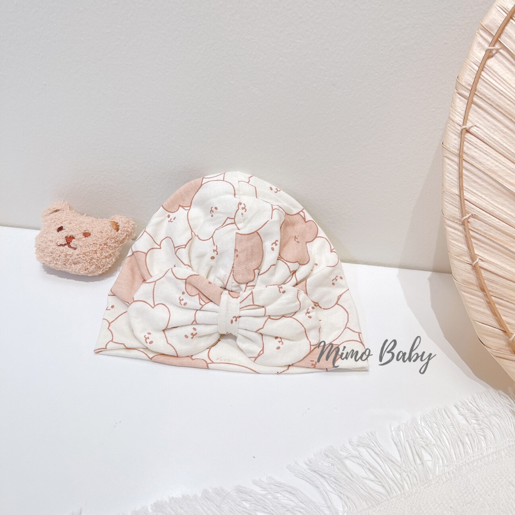 Mũ turban màu kem họa tiết hình gấu cho bé MTB96 Mimo Baby