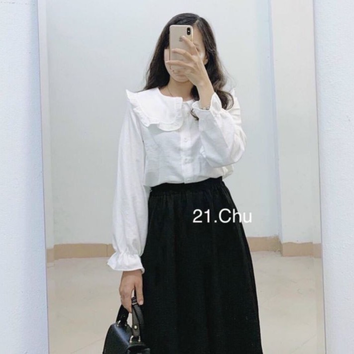 [Mã FAMARAL1 giảm 10K đơn 50K] Áo Sơ Mi Nữ, Cổ Sen, Dài Tay, Chất Nhung Tăm xinh xắn
