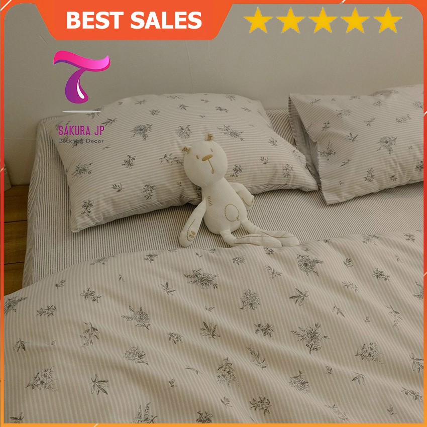 [RẺ VÔ ĐỊCH] Bộ Chăn Ga Gối Đệm Cotton Living Nhập Khẩu  Hoa Nhí Vintage Kẻ Chìm -Chăn Ga Cotton Sakura JP Bedding Decor