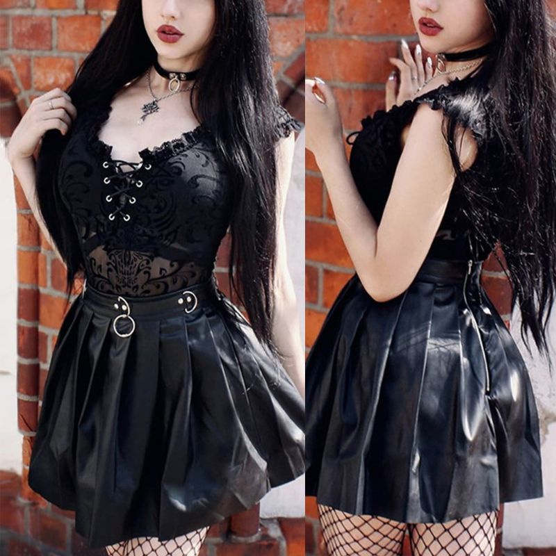 Bộ Áo Liền Quần Không Tay Cổ Vuông Phối Ren Lưới Phong Cách Gothic Punk Quyến Rũ Cho Nữ