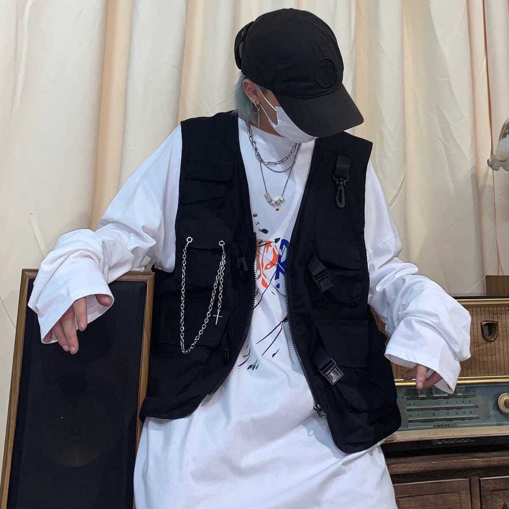 Áo Khoác Ghi Lê Nhiều Túi Phong Cách Hip Hop Nhật Bản Thời Trang Cho Nam