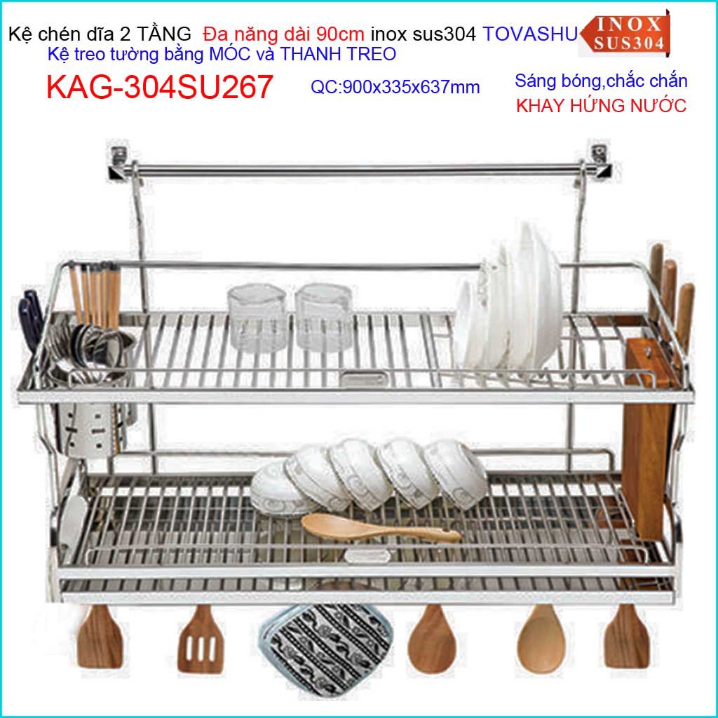 Kệ chén bát Tovashu KAG-304SU267-90cm, kệ chén dĩa 2 tầng inox Hộp SUS304 Nhật Bản 90cm có móc treo