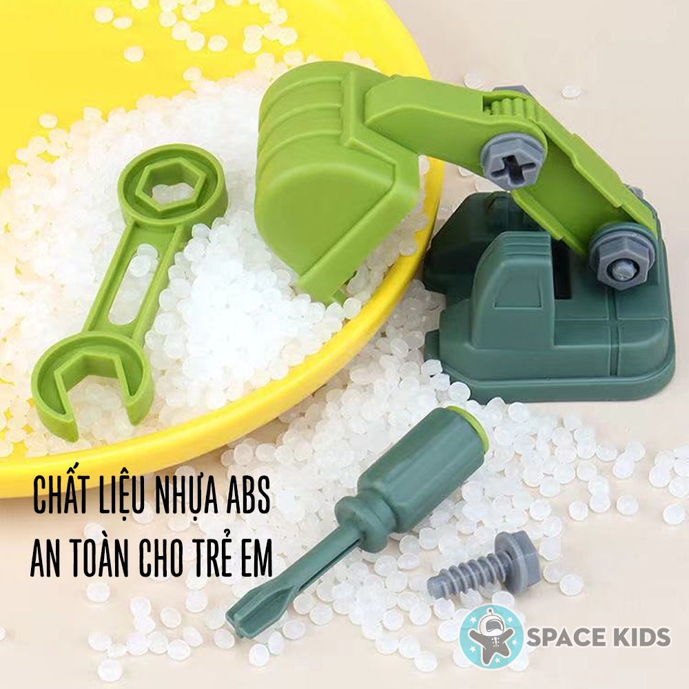 Set 4 xe lắp ghép khủng long công trường, xe ô tô đồ chơi tặng kèm tovit, cờ lê cho bé