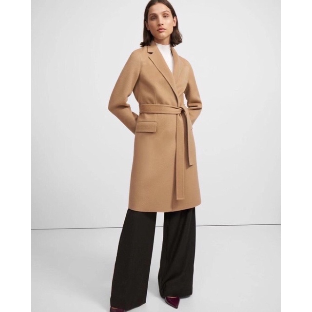 Áo khoác dạ dáng dài cổ vest thắt eo cho nữ thương hiệu Theory cao cấp