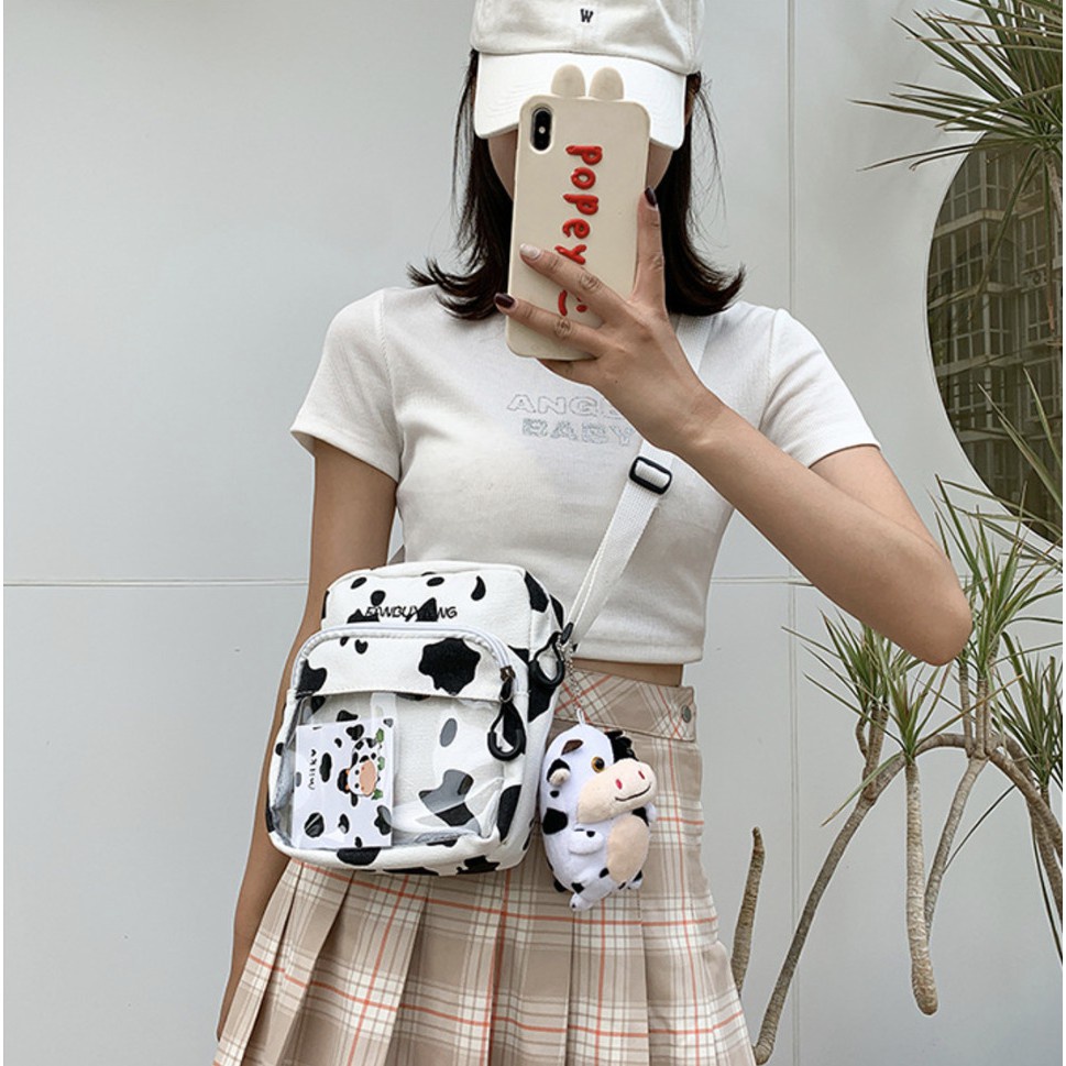 Túi đeo chéo vải Canvas họa tiết bò sữa phong cách Ulzzang