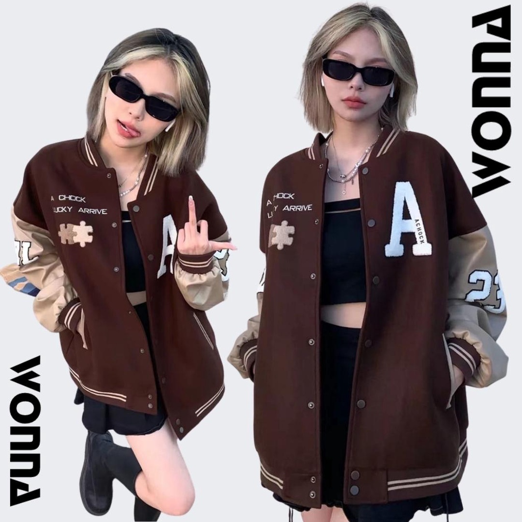 ÁO KHOÁC BOMBER CHẤT LIỆU DẠ ÉP PHỐI TAY DA PU SIÊU DÀY DẶN NAM NỮ MÀU NÂU HOT TREND ULZZANG UNISEX VARSITY