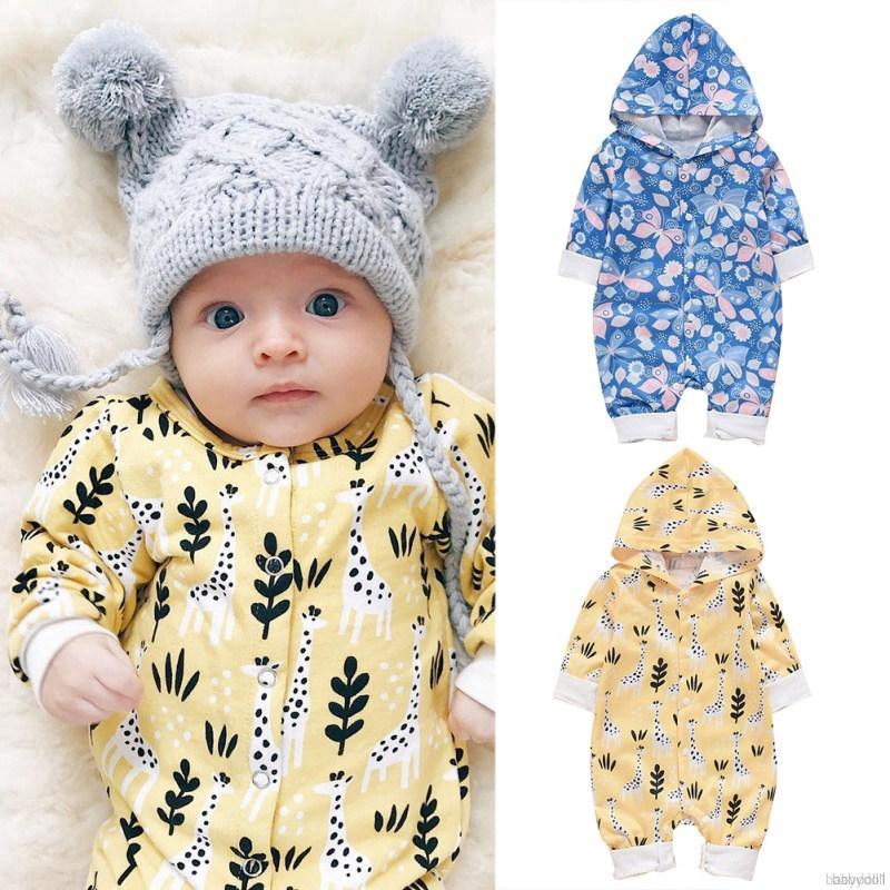 Bộ Áo Liền Quần Hoodie In Hoa Dễ Thương Cho Trẻ Sơ Sinh 0-18 Tháng Tuổi