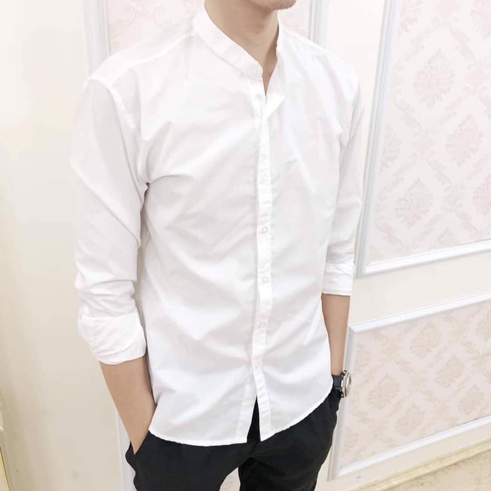 sơ mi nam cổ tàu chất liệu lụa thái cao cấp màu đen và màu trắng vải bóng nhẹ mềm mặc mát không nhăn | BigBuy360 - bigbuy360.vn